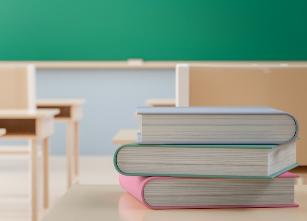 Back to school concept, books on table in classroom without student with chairs and tables in campus, 3D Rendering