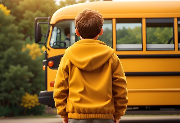 Back to school concept boy in yellow jacket standing in front of yellow school bus illustration