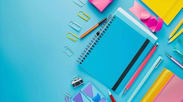 Back to school concept Flat lay style composition with stationery and notepad on blu Generative AI