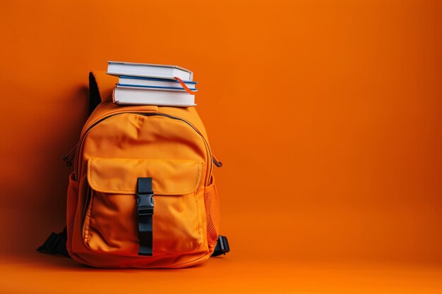 Photo back to school concept orange backpack with books on top against an orange background