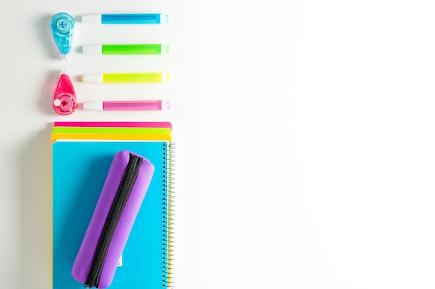 Back to school concept. School and office supplies on white background table.