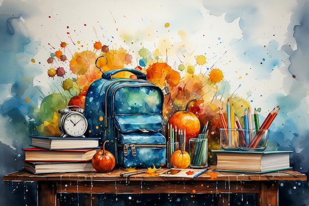 Back to school concept School supplies on the wooden table Watercolor painting