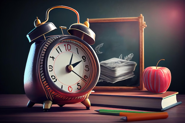 Back to school concept with alarm clock and book on teacher39s table Generative Ai