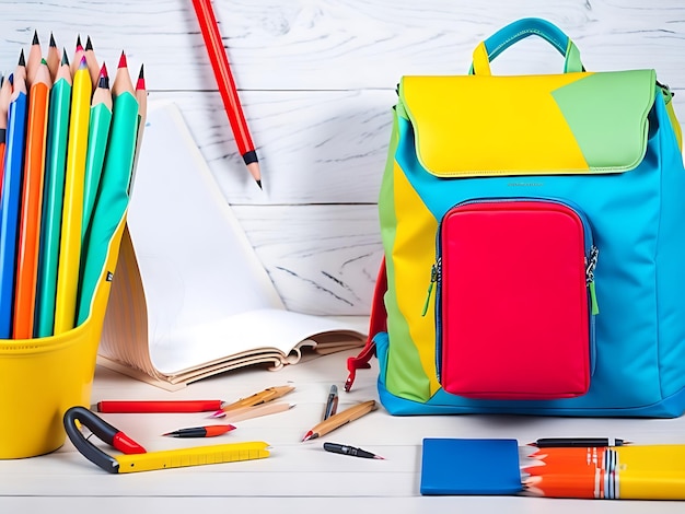 Back to school concept with backpack with school accessories Background