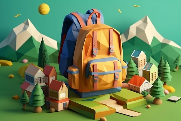 Back to school concept with school bag 3d low poly graphic generative AI