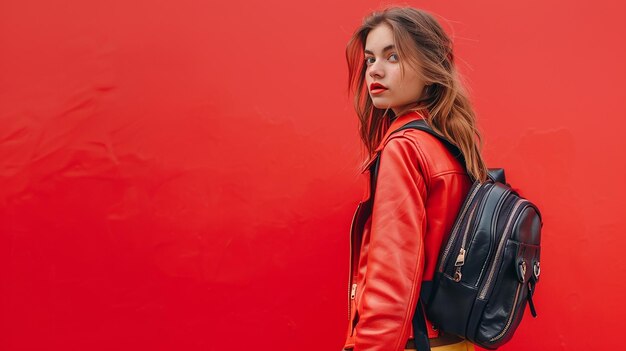 Photo back to school concept with a stylish girl in red background