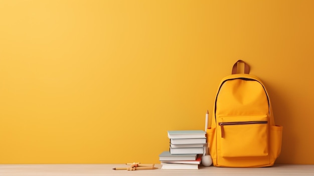 Back to school concept with yellow backpack books and copy space yellow background