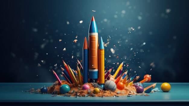 Back to school creative banner Rocket ship launch made with pencils Online learning digital