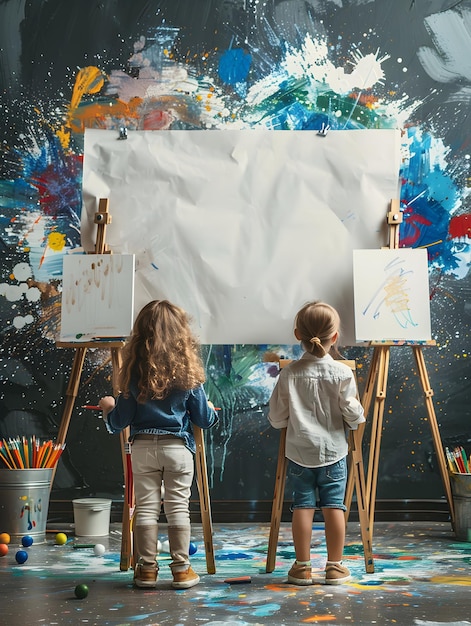 Photo back to school creative kids with art supplies and floating easels on blank background