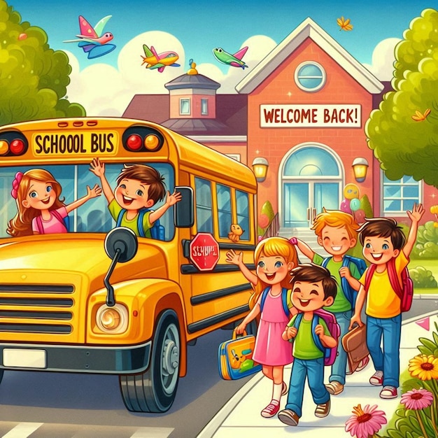 Photo back to school day little school children with uniforms stand holding books backpacks school bus