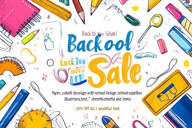 Photo back to school deals colorful designer supplies illustrations text 20 off