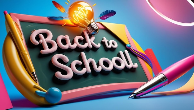 Back to School Design Chalkboard Text Light Bulb Pen School Bus Elements