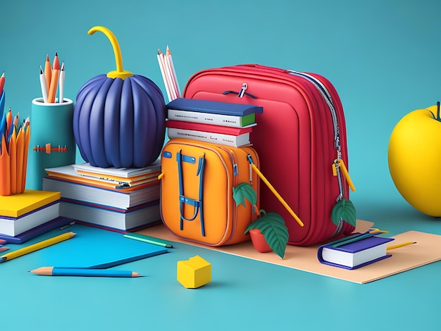 Back to school education background concept with school accessories and items 3d render illustration