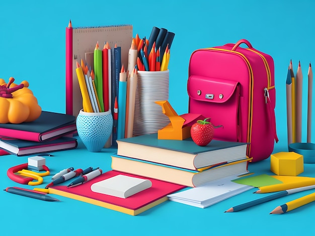 Back to school education background concept with school accessories and items 3d render illustration