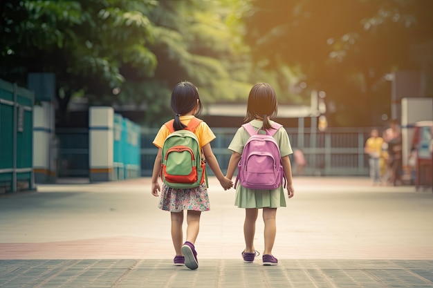 Back to school education concept with girls kid elementary student with backpacks holding friend 39s hand AI generative