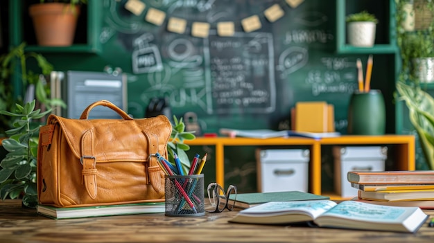 Back to School Essentials Classroom Setup with Supplies and Chalkboard Background for New Academic Year