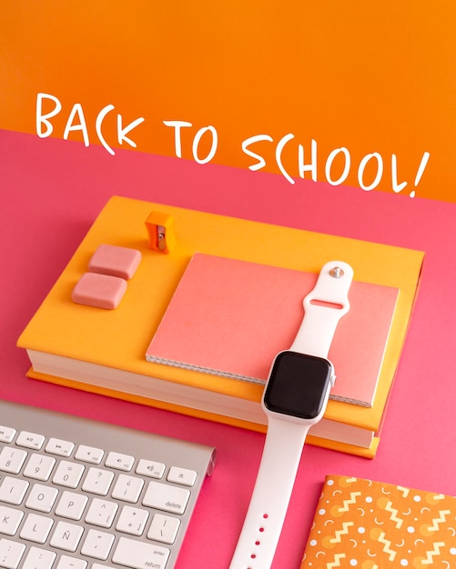 Back to school event with notebooks and watch