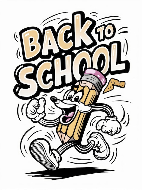 Photo back to school excitement cheerful cartoon dog with pencil and books illustration