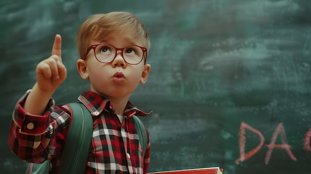 Back to school Funny little boy in glasses pointing up on blackboard Child from elem Generative AI