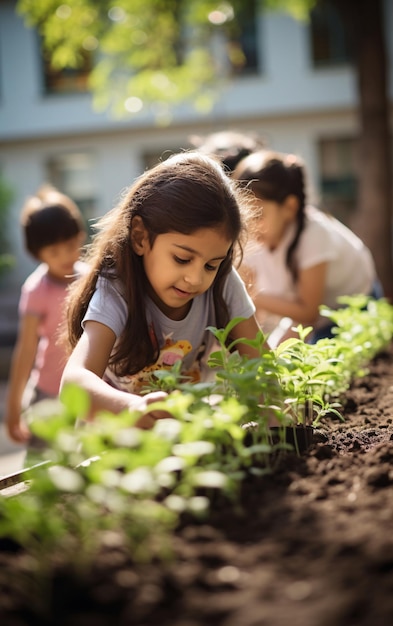 Back to school gardening in the school garden children take care of plants