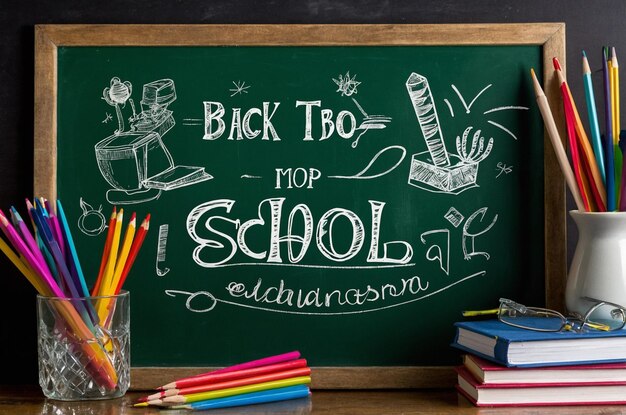 Back to school green chalkboard with office supplies