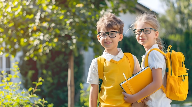 Back to school Happy children ready for primary school Pupil on first day of classes Generative AI