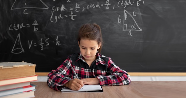 Back to school and happy time schoolgirl or student studying in the classroom on the background of the blackboard Caucasian girl makes notes in a notebook view of the web camera