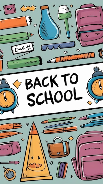 Back to school horizontal banner with cute school stationery and art supplies cartoon style