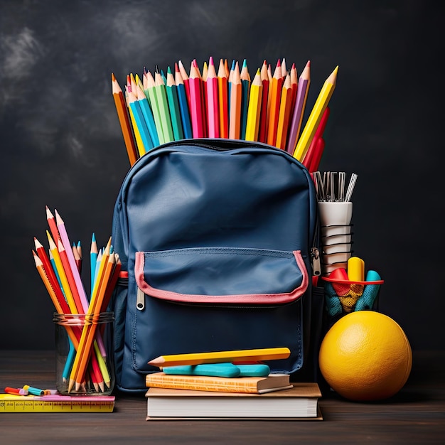 back to school kit with blackboard backpack colored pencils bag stationary table crayons and books