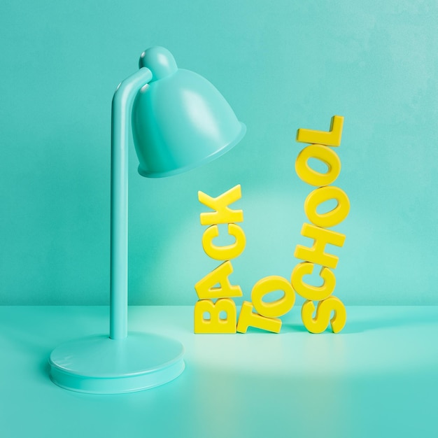 Back To School lettering with lamp on blue desk