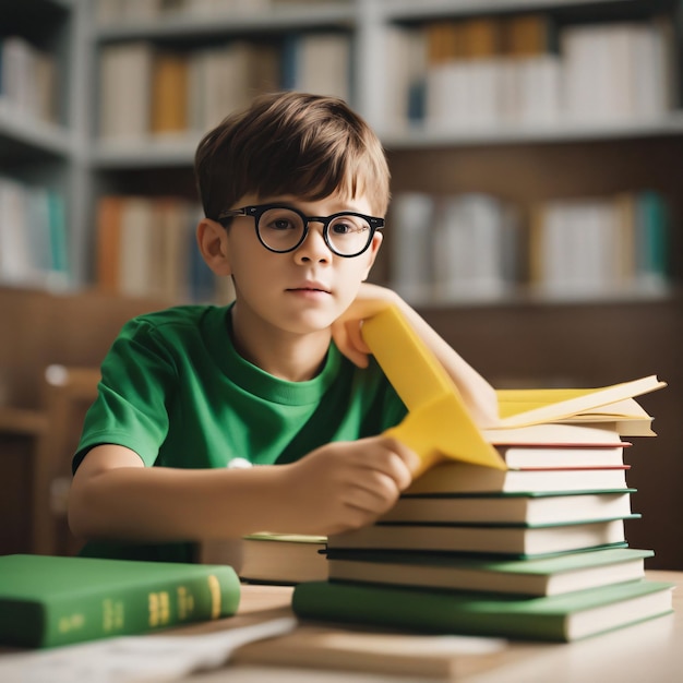 Back to School a little boy stack of books eager to learn on the table