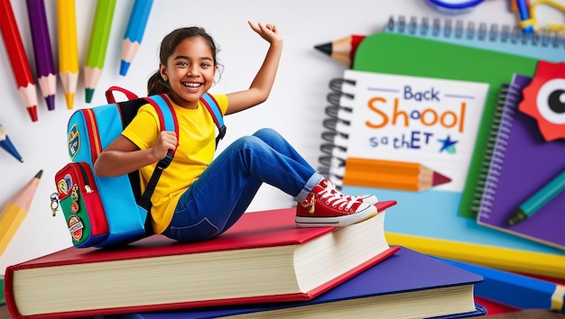 back to school little girl in casual bright clothes with a backpack sitting on a giant book