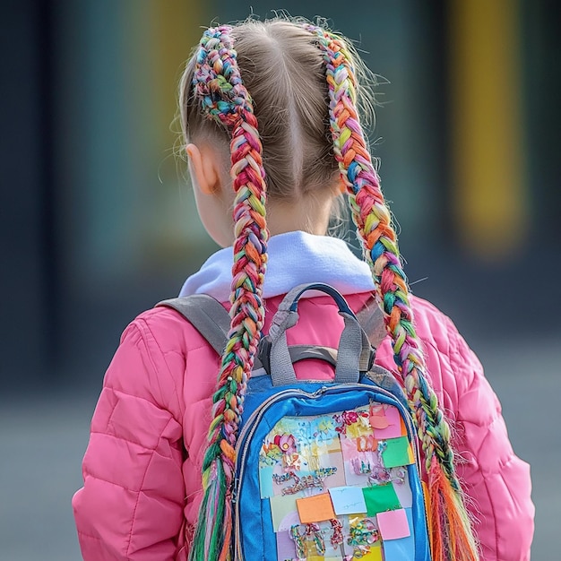 Photo back to school little girl with colorful braided hair and backpack