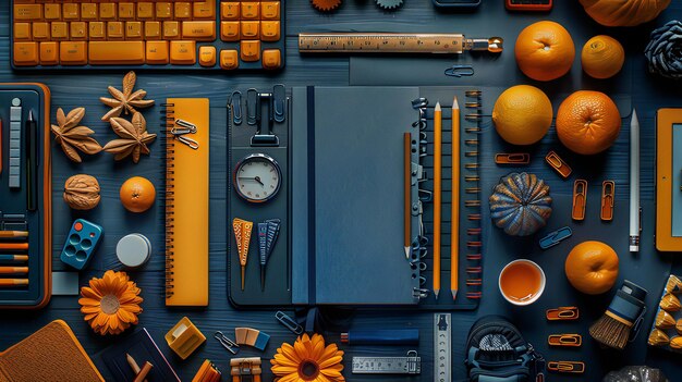 Photo back to school overhead shot of student s desk with neatly arranged school supplies