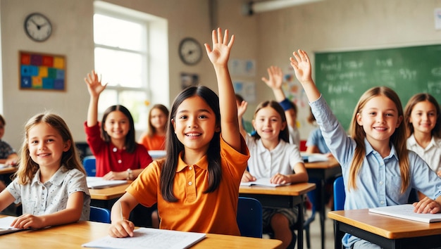 Back to school photo of a group of children raising their hands in the classroom