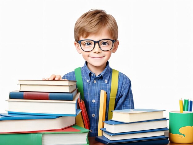 Back to School a precocious little boy with glasses and a stack of books eager to learn on the table