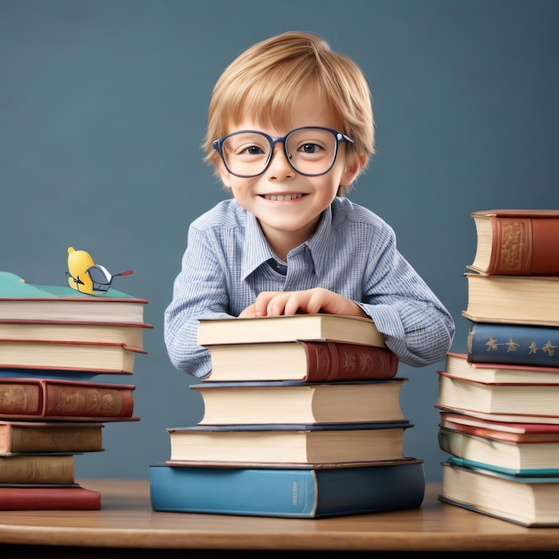 Back to School a precocious little boy with glasses and a stack of books eager to learn on the table