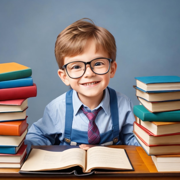 Back to School a precocious little boy with glasses and a stack of books eager to learn on the table