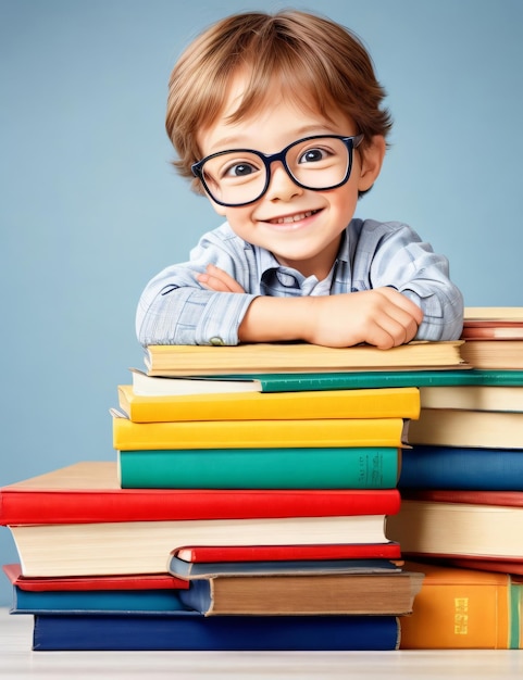 Back to School a precocious little boy with glasses and a stack of books eager to learn on the table