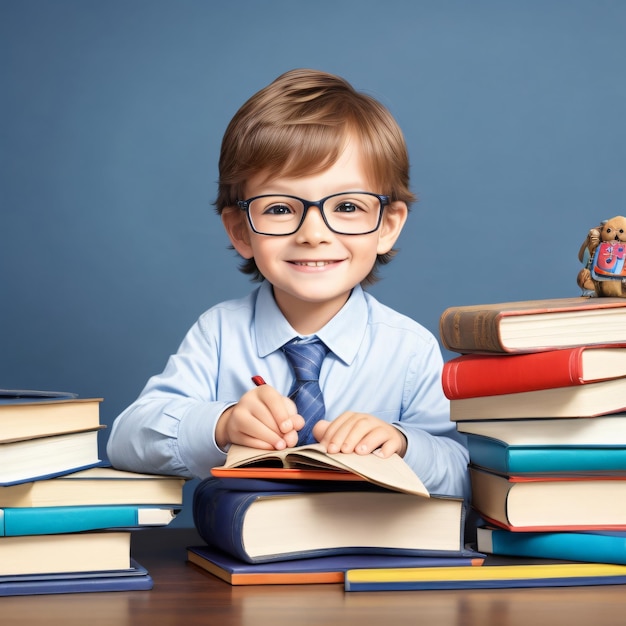 Back to School a precocious little boy with glasses and a stack of books eager to learn on the table