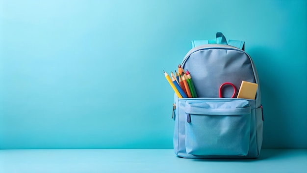 Back to School Ready Blue Backpack Filled with School Supplies Against a Blue Background Ideal for