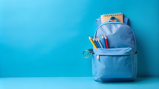 Back to School Ready Blue Backpack Filled with School Supplies Against a Blue Background Ideal for