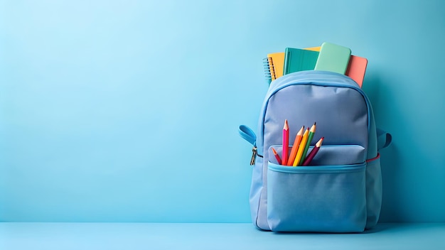 Back to School Ready Blue Backpack Filled with School Supplies Against a Blue Background Ideal for