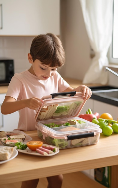 Back to school schoolboy prepares lunchbox before going to school