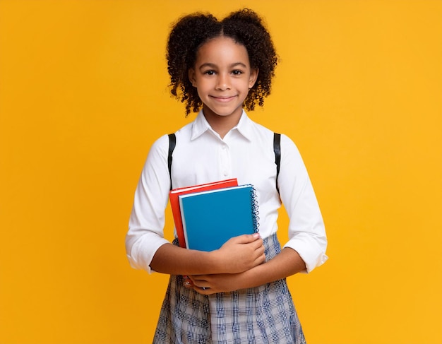 Back to school Schoolgirl student hold book on yellow isolated studio background School and educat