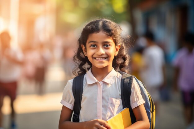 back to school Smiling schoolgirl with backpack and book outdoors