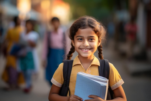 back to school Smiling schoolgirl with backpack and notebook outdoors