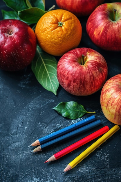 Back to School Supplies Border on Black Chalkboard Panorama