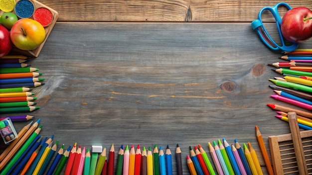 Back to School Supplies on Wooden Background