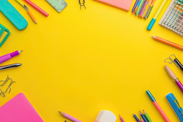 Back to school supplies on yellow background